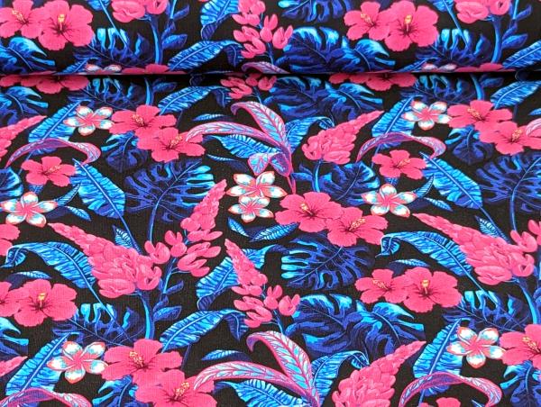 Baumwolljersey I Want Summer Blumen KATINOH Blau / Pink